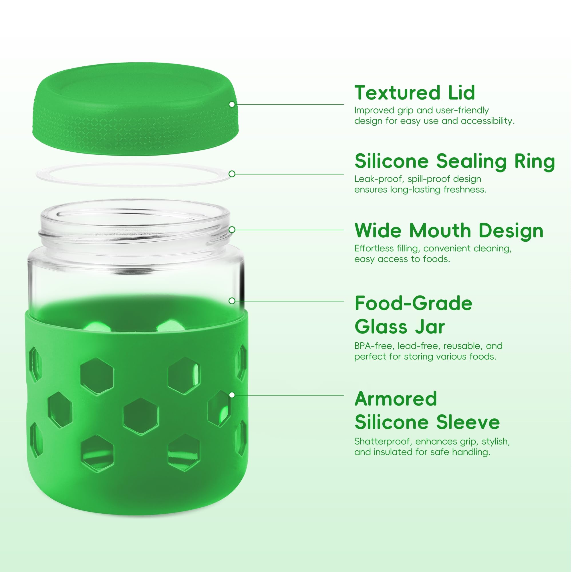 Gemice twist-on lid with gasket seals freshness and prevents leaks during transport.