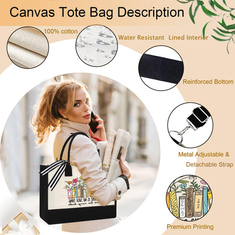 Lifestyle shot of GemsLives tote bag with books and accessories.