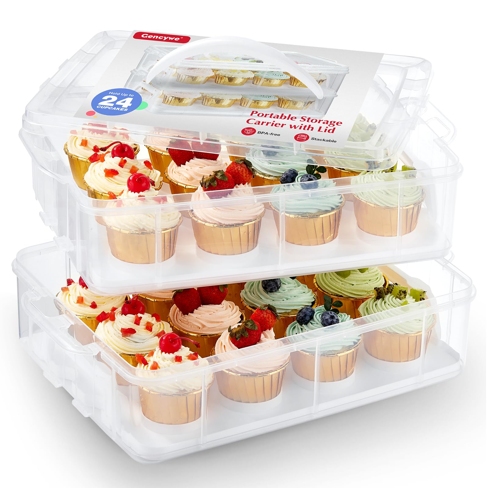 Gencywe cupcake carrier with lid displaying 24 cupcakes for secure transport.