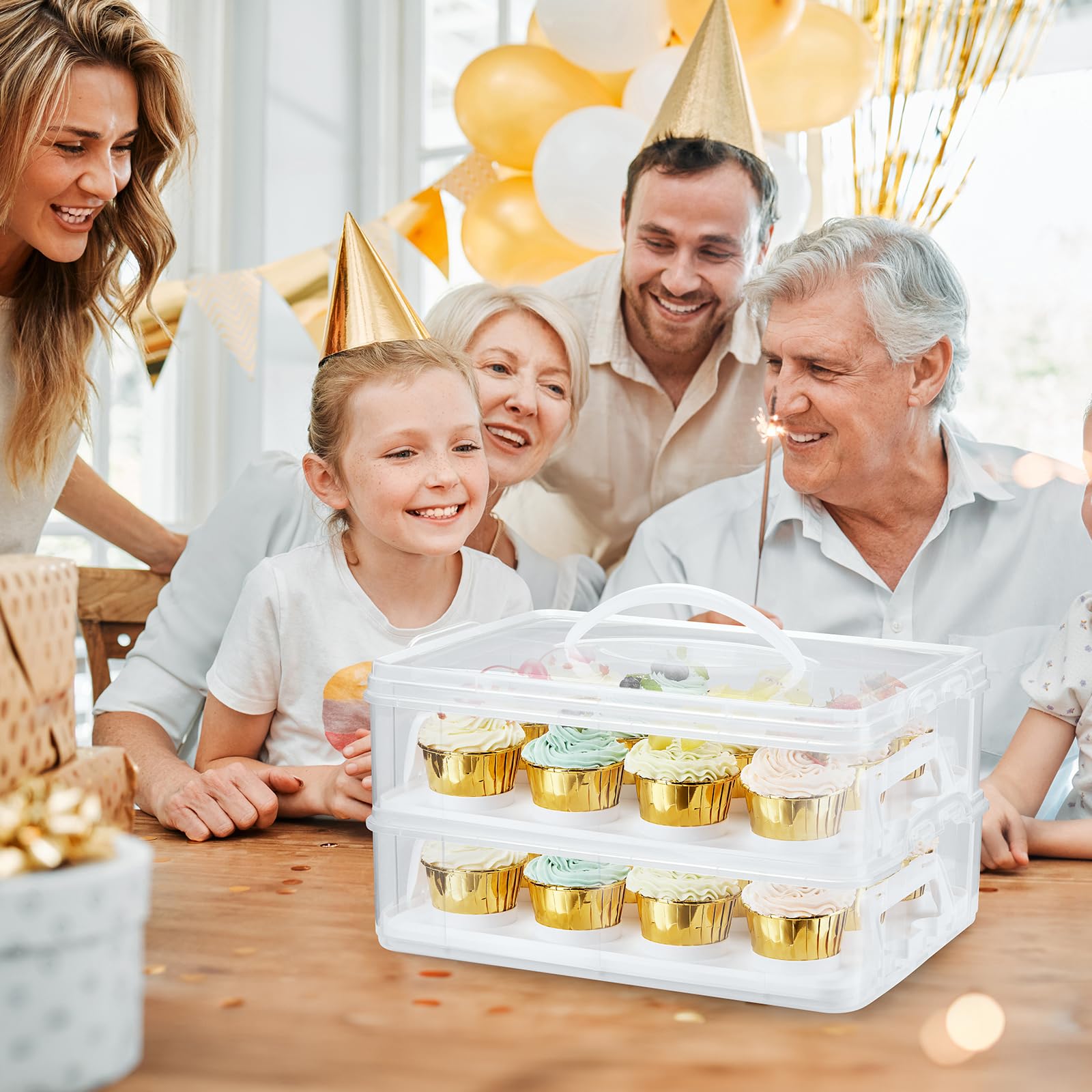 Party-ready dessert storage box keeps cupcakes organized at events.