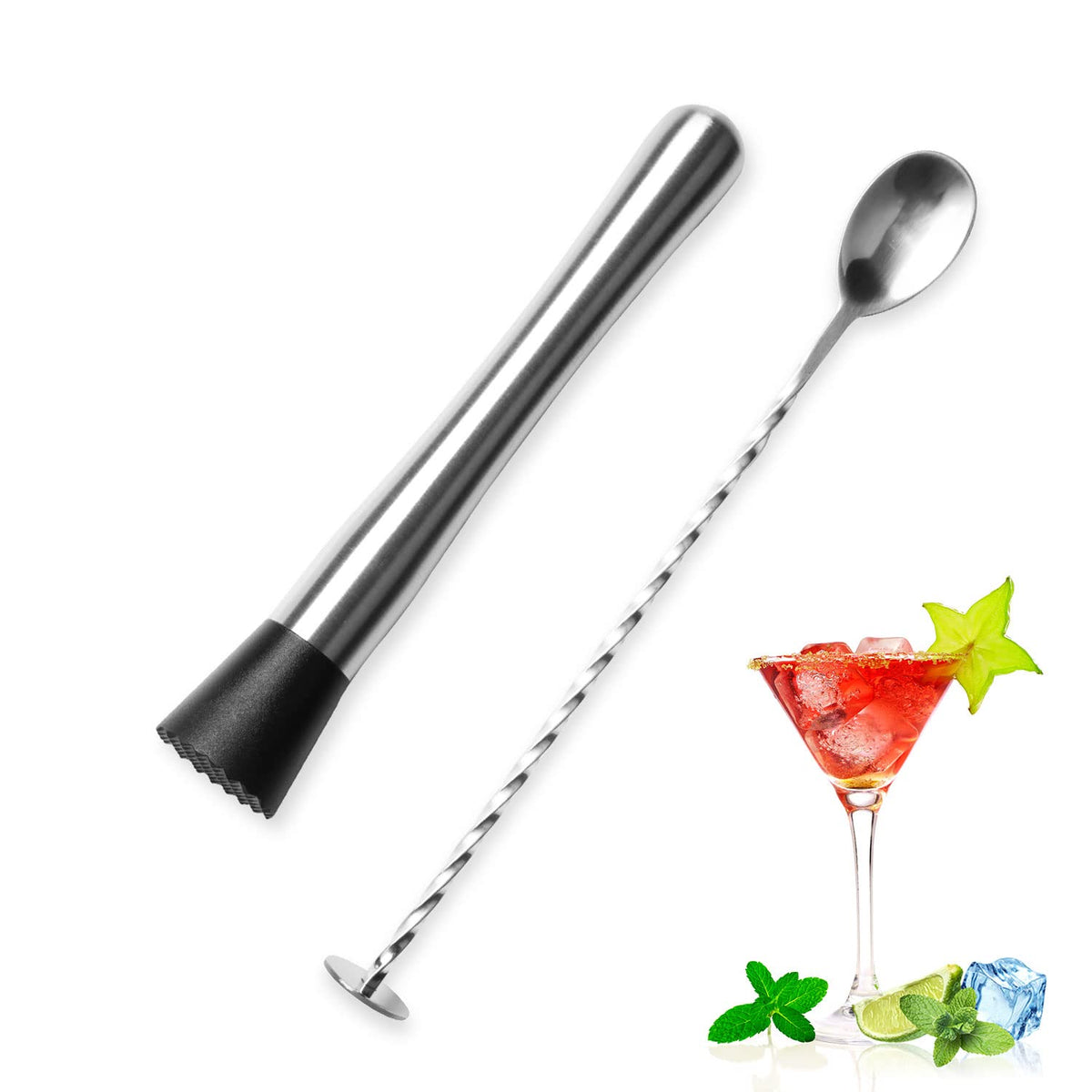 Generic 10-inch stainless steel muddler for crushing fruit and ice with ergonomic grip.