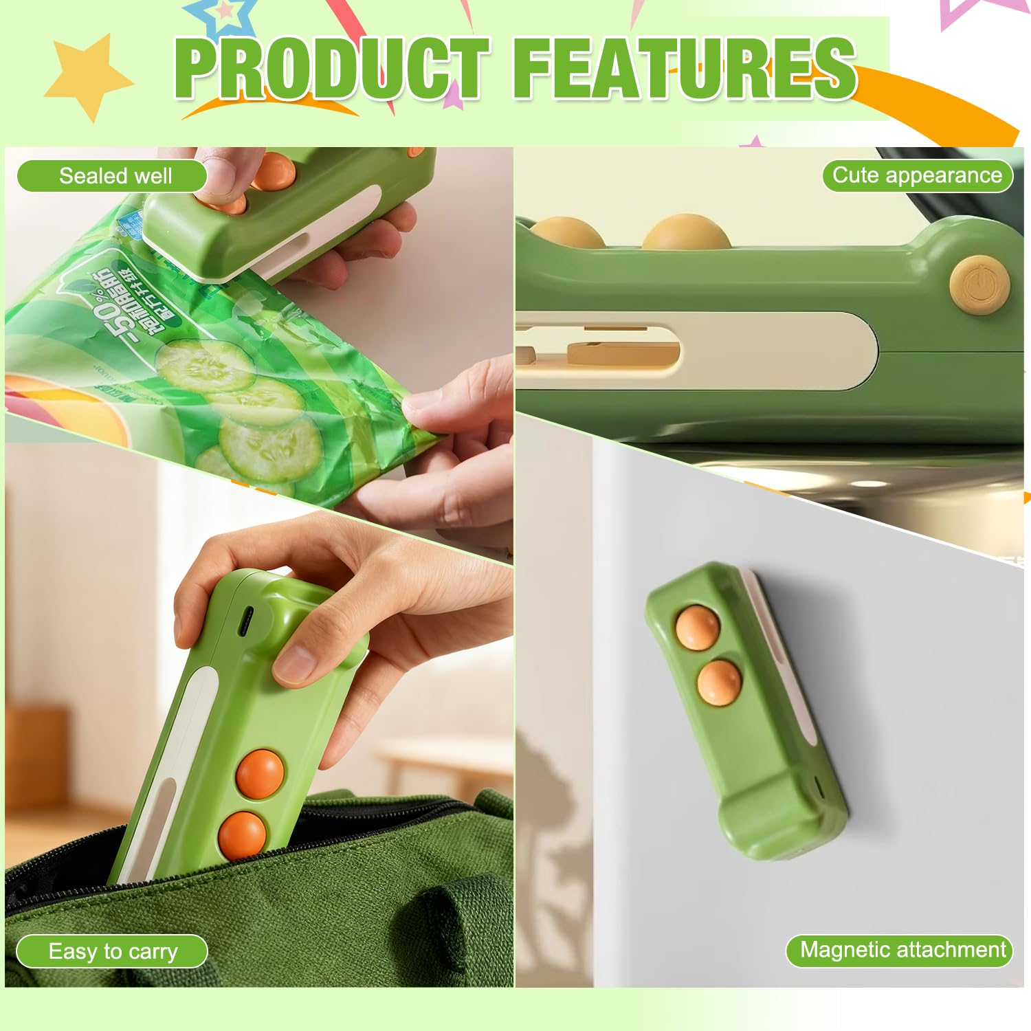 Magnetic back adheres to fridge for quick access to sealing anytime.