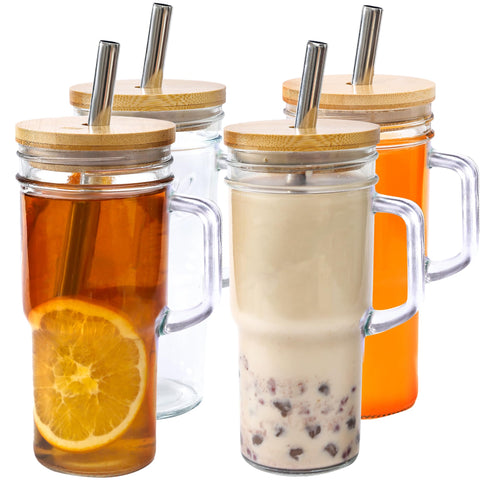 Generic 24oz glass cups with lids and straws for iced drinks on the go.