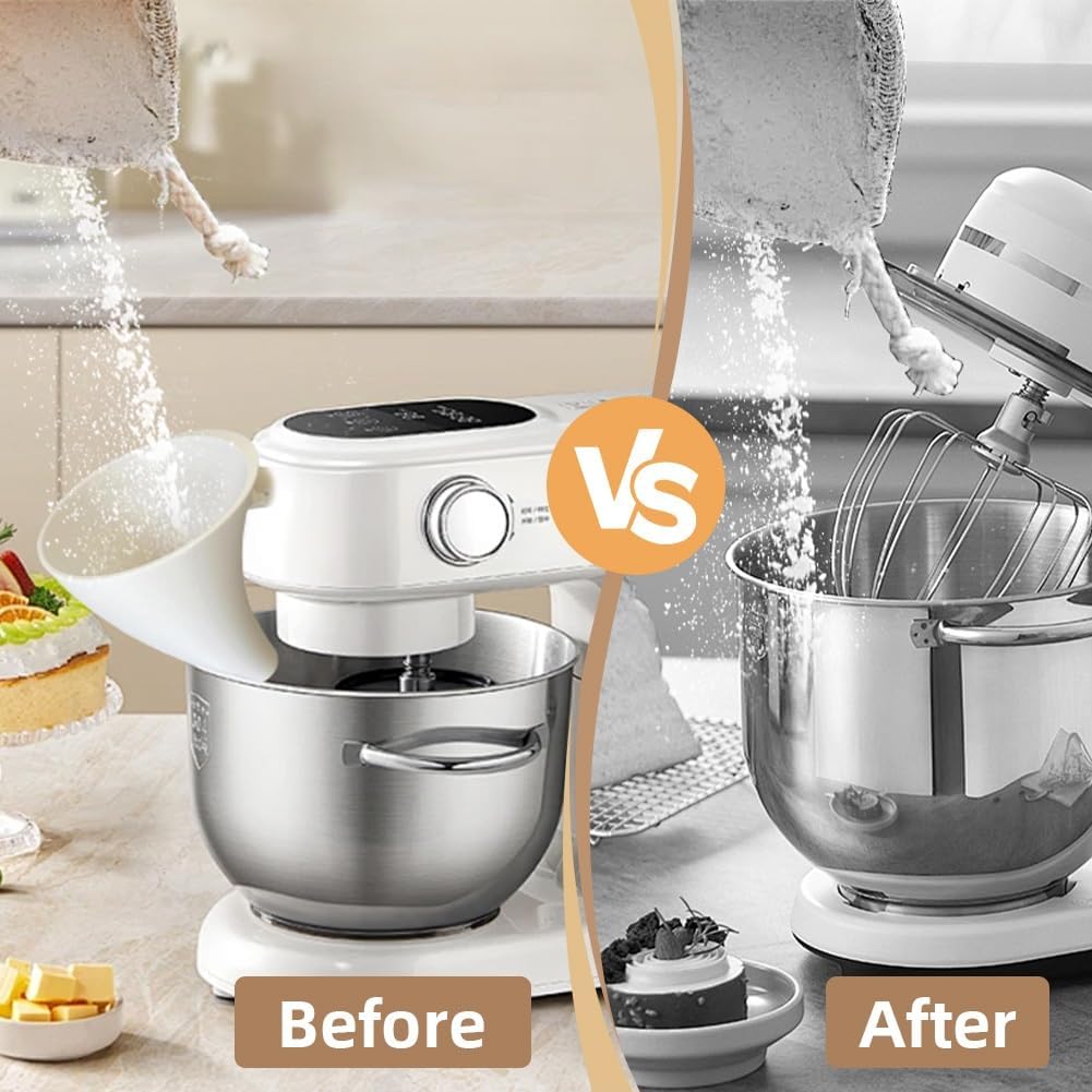 Generic flour funnel enables hands-free transfer of ingredients into the bowl