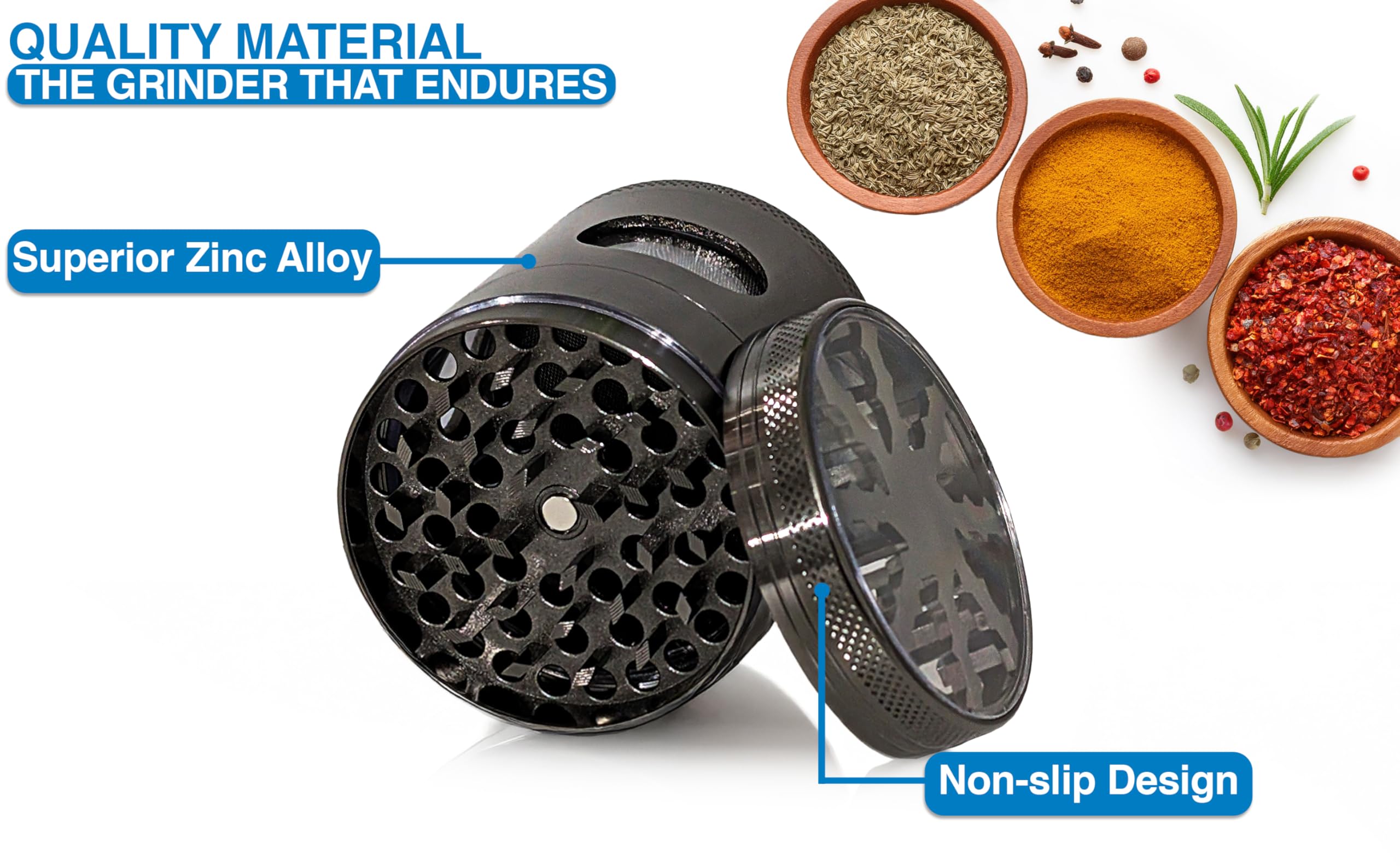 Generic 4-Piece Spice Grinder with magnetic lid keeps contents secure during transport