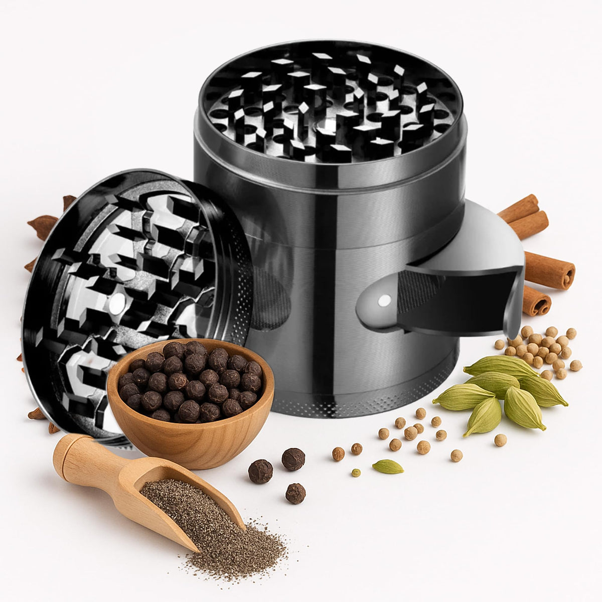 Generic 4-Piece Spice Grinder top view highlights compact, durable aluminum for travel