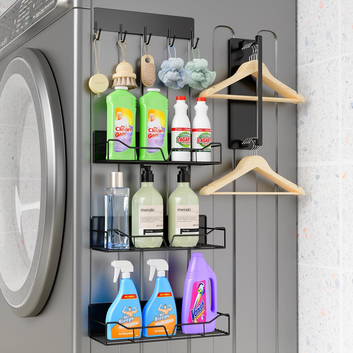 Generic 5-pack magnetic shelves attached to a washing machine keep laundry items organized and reachable.