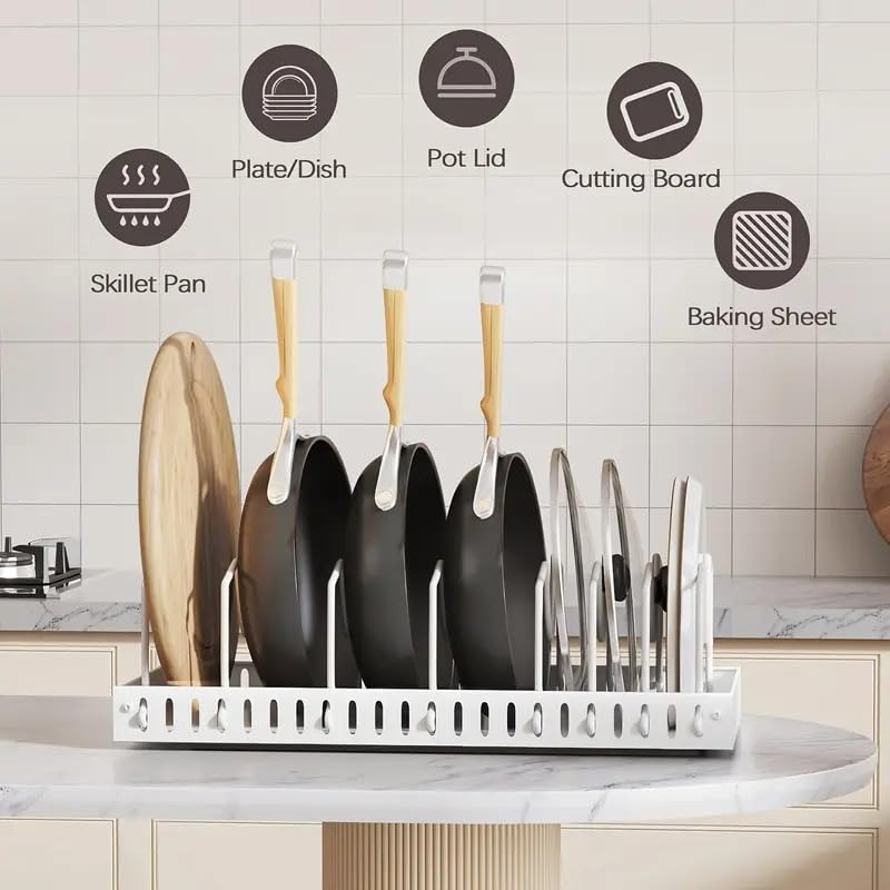 Generic 8 adjustable dividers per rack customize space for lids and bakeware.