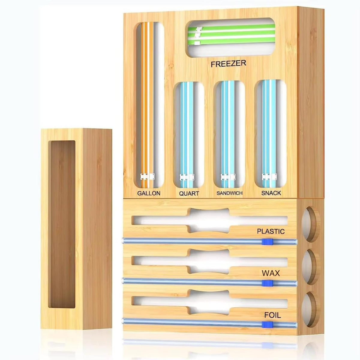 Generic 9-in-1 bamboo organizer with built-in cutter keeps foil and wraps neatly arranged.