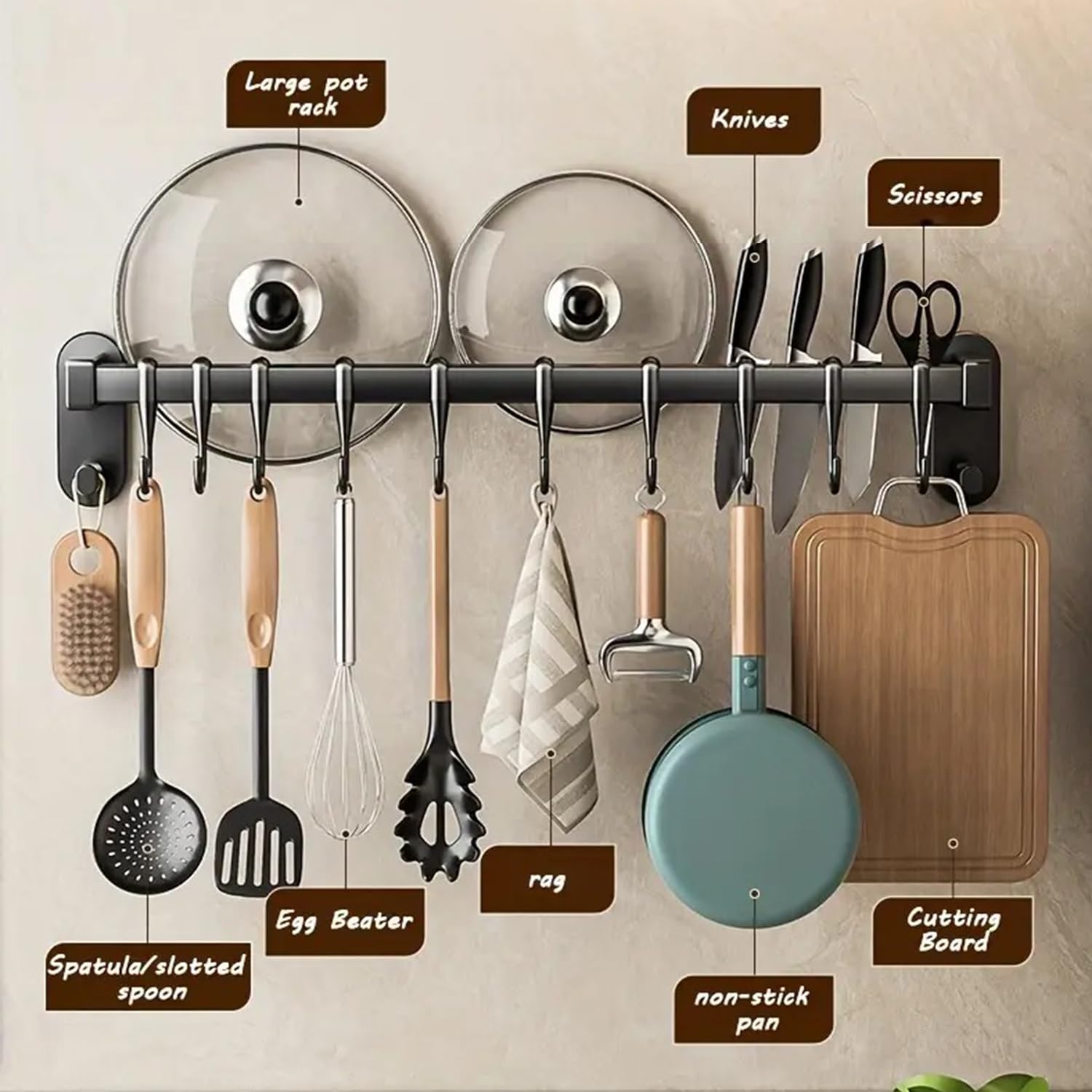 Generic AmoiChic rack organizes pans for quick access and prep.