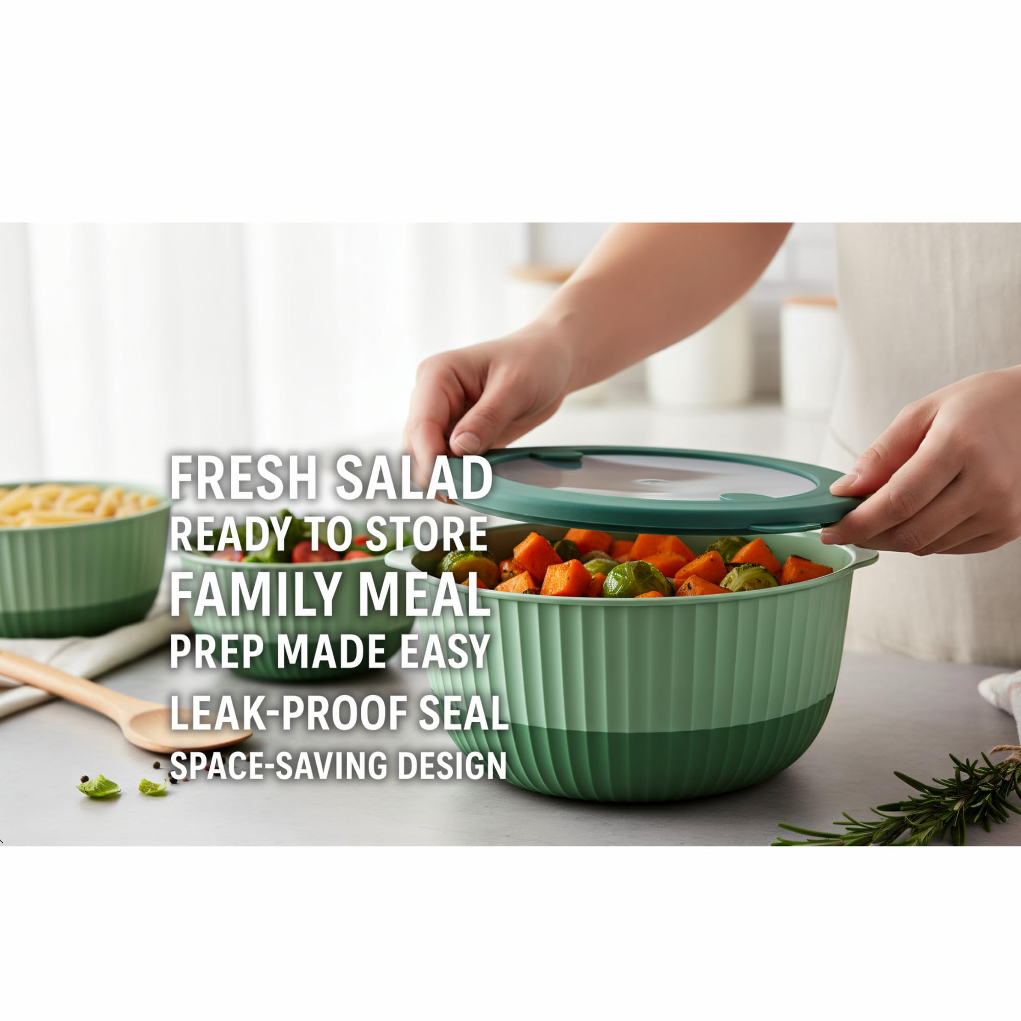 Generic BPA-free plastic bowls provide durable, everyday use for cooking.