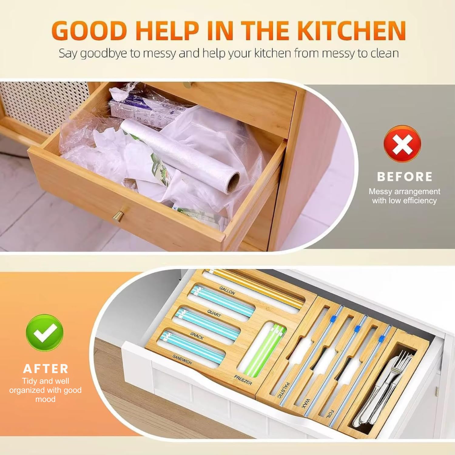 Generic organizer with sliding cutter demonstrates clean, precise plastic wrap tearing.