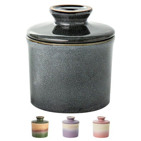 Generic butter crock with lid on countertop keeps butter fresh and accessible