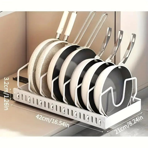 Generic cabinet or countertop solution keeps lids and cookware neatly organized.