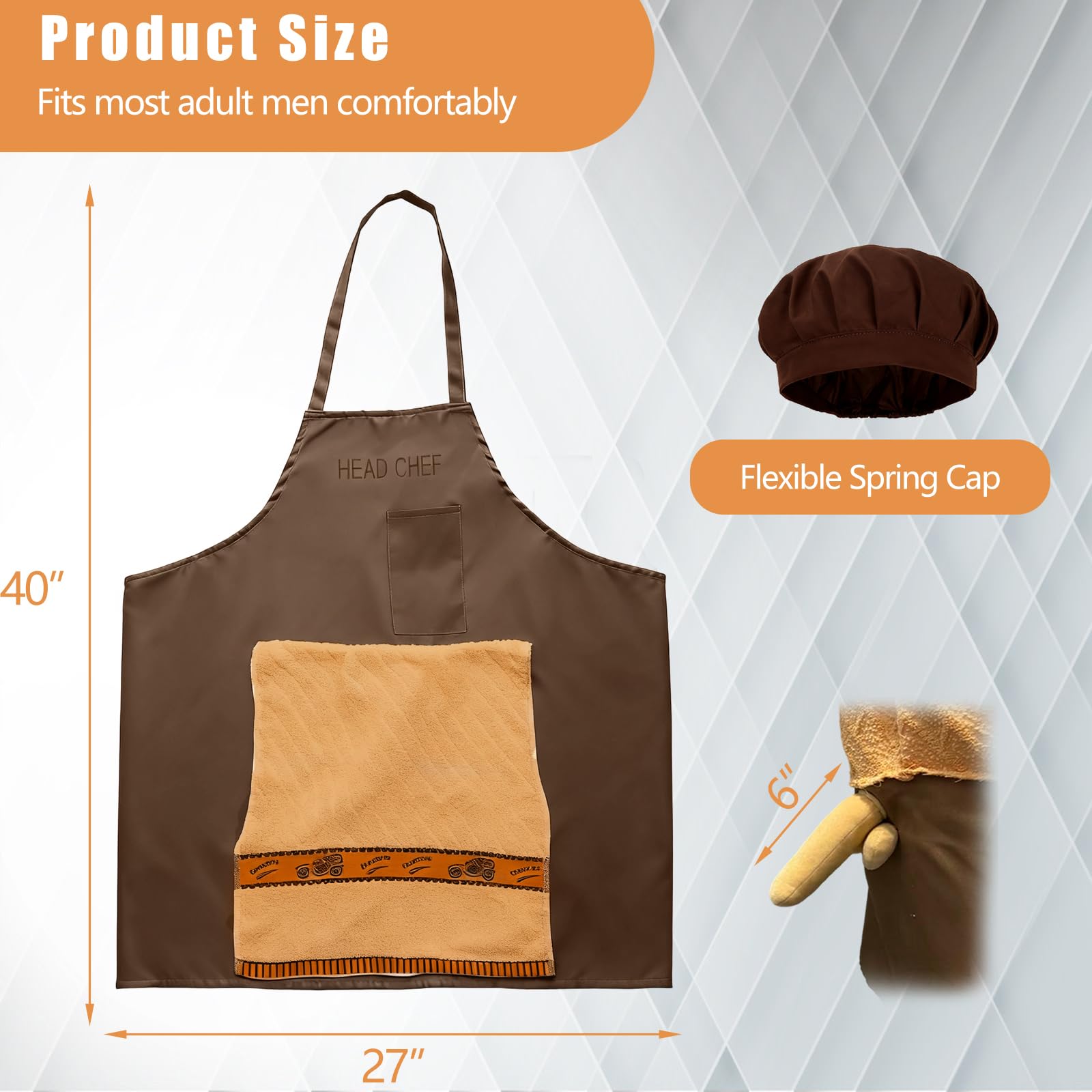 40 by 27 inch brown apron fabric for comfortable, durable kitchen wear.