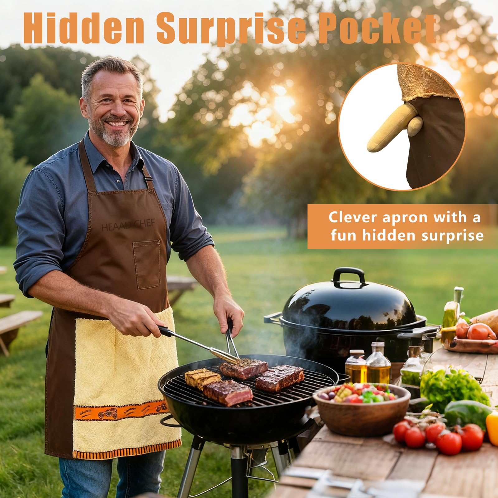 Hidden spring-out gadget in the Generic Chef's Prank Apron delivers a surprise.