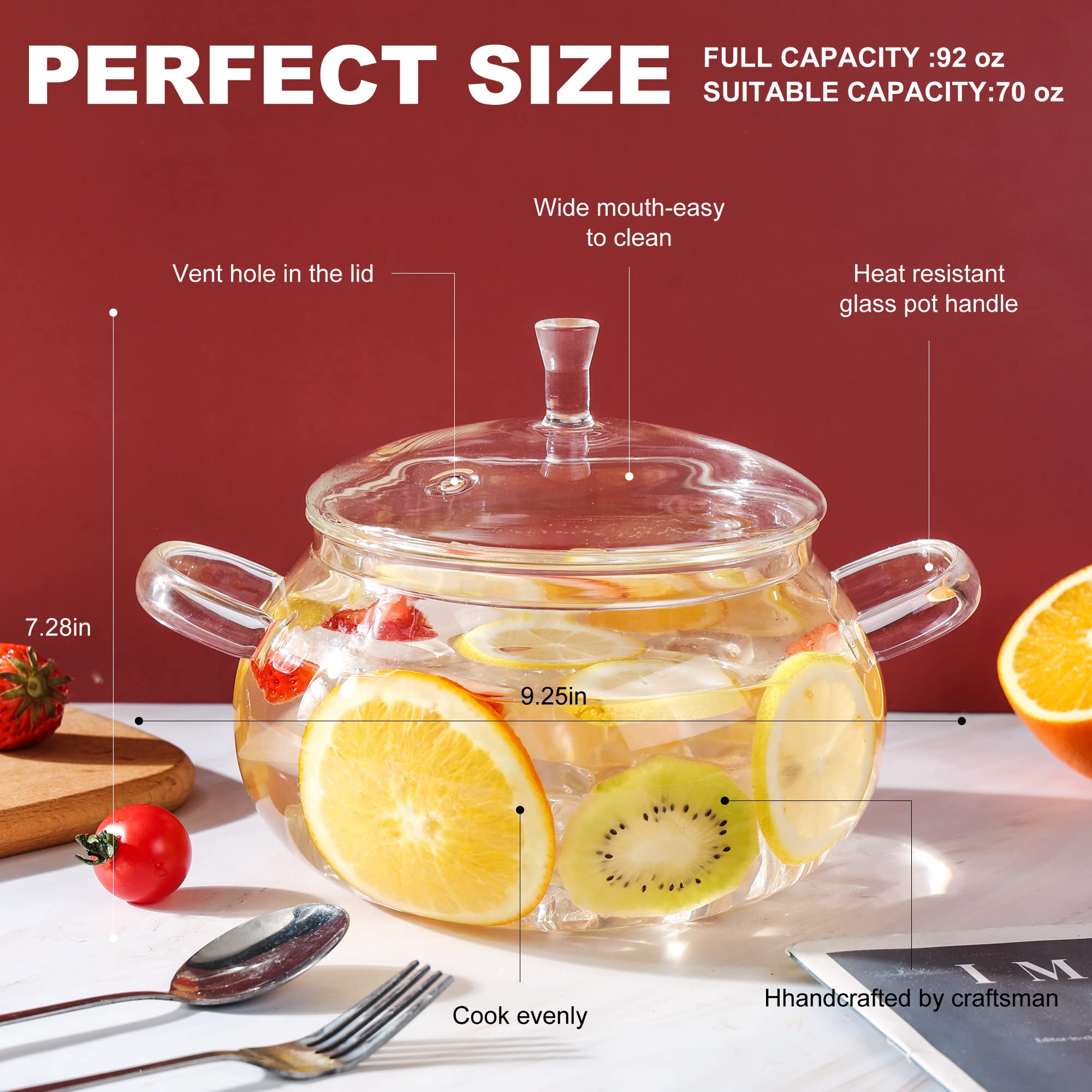 Generic clear glass saucepot with visible handle for easy pouring.