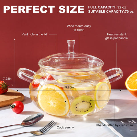 Generic clear glass saucepot with visible handle for easy pouring.