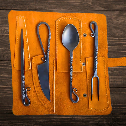 Generic cutlery set shown on rustic table, ideal for reenactments.