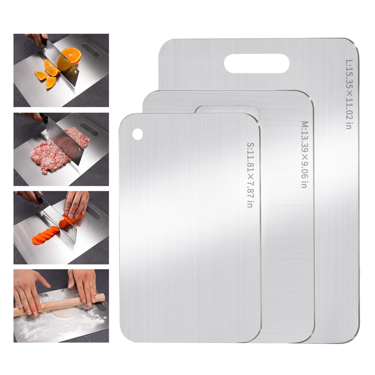 Generic three-piece stainless steel cutting boards with easy-grip handles for quick prep.