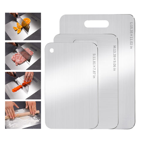 Generic three-piece stainless steel cutting boards with easy-grip handles for quick prep.