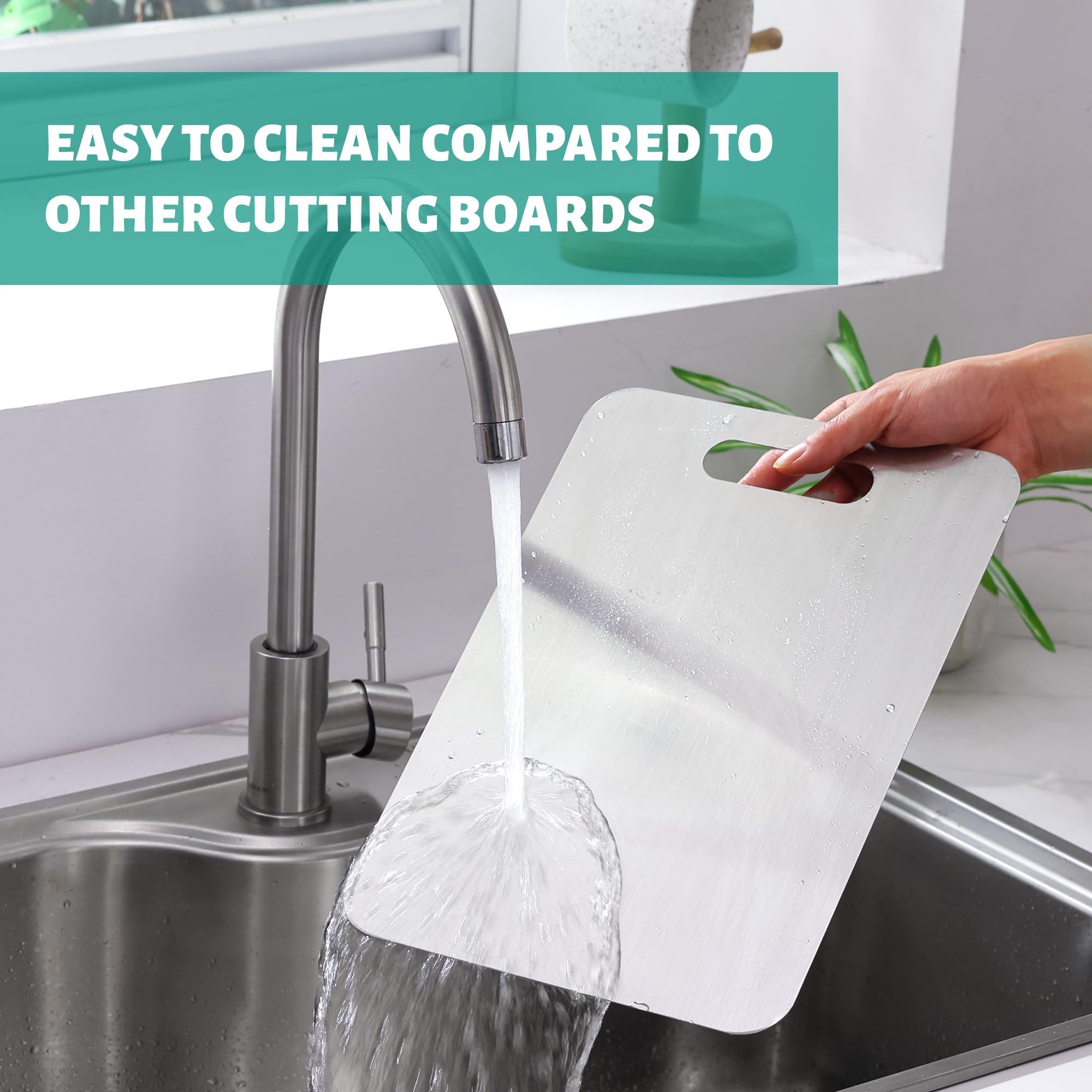 Generic cutting boards shown as dishwasher-safe for easy cleaning.