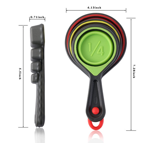 Generic dishwasher-safe measuring cups and spoons for easy cleanup.