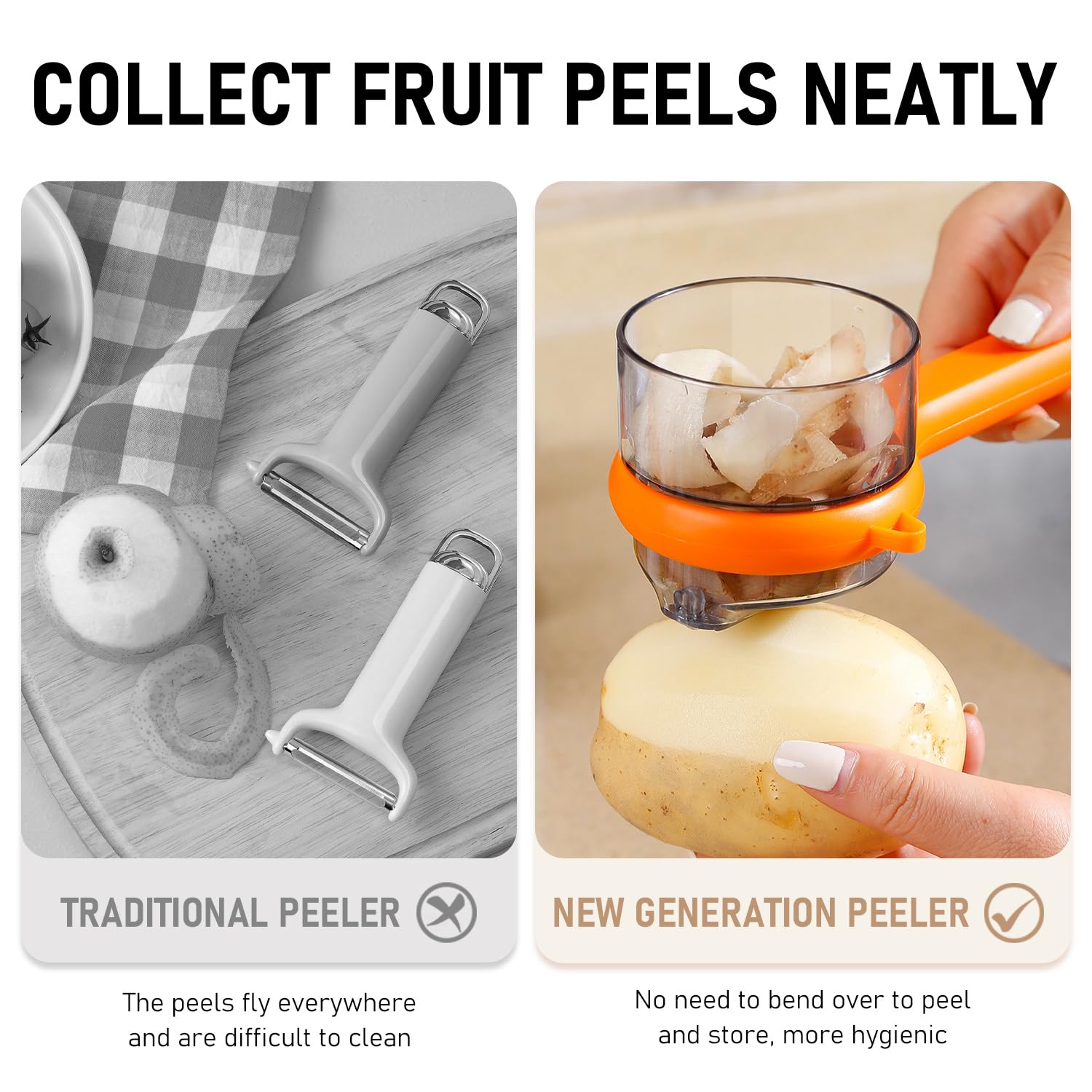 Generic double-sided stainless steel peeler in use for quick, versatile peeling.