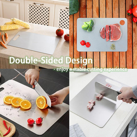 Generic double-sided titanium cutting board with handle keeps meat separate from produce.