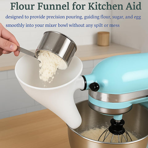 Generic flour funnel attachment is easy to clean and stores neatly beside the mixer