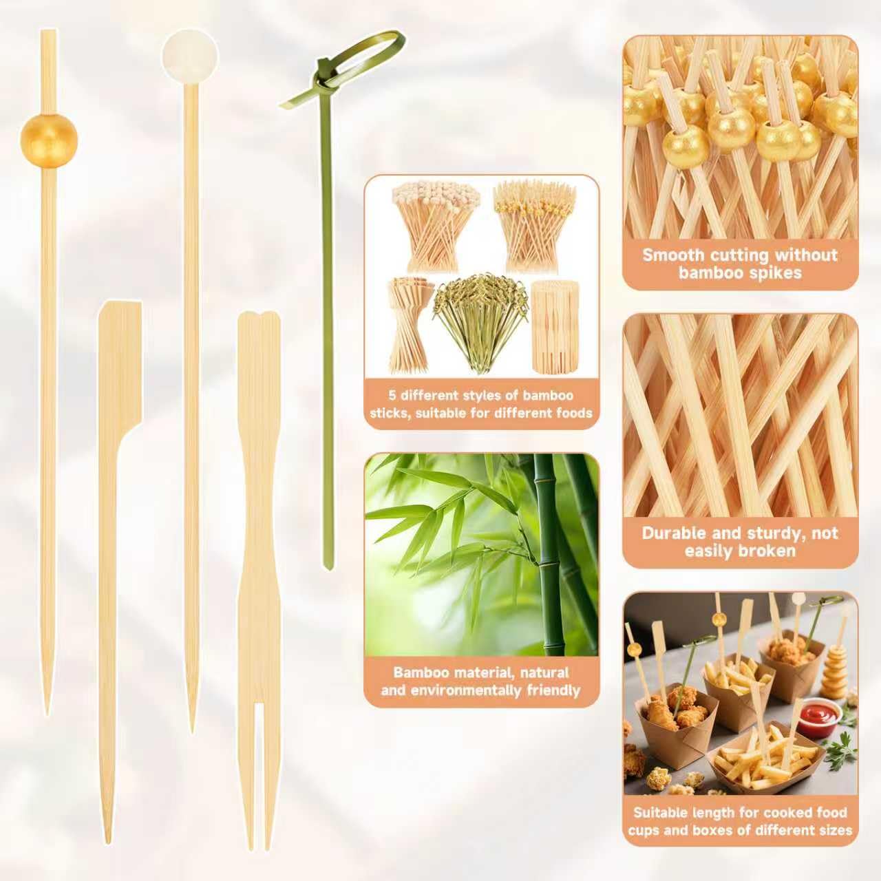 Generic elegant bamboo toothpicks highlight food presentation at gatherings