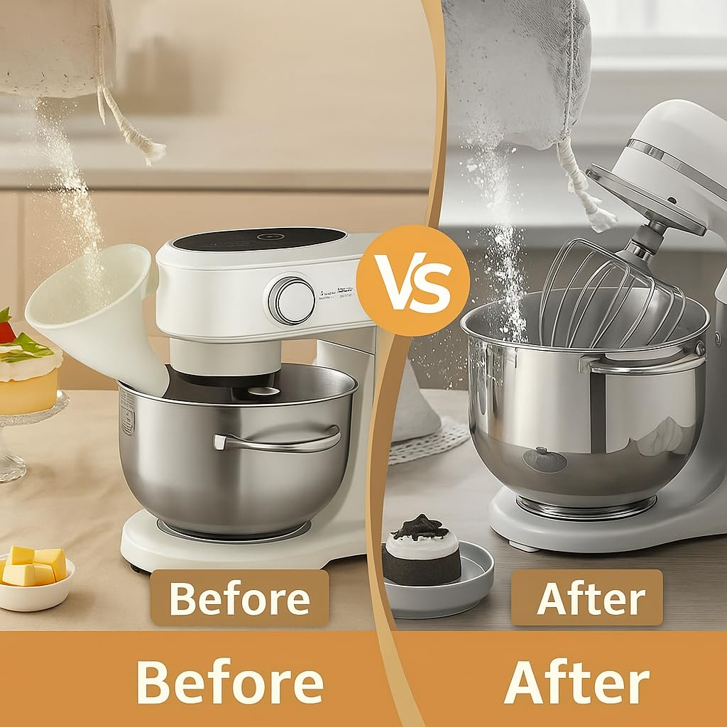 Generic flour funnel enables hands-free pouring, reducing mess and saving time.