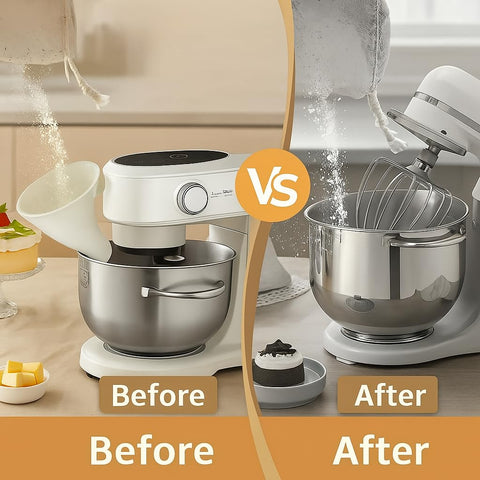 Generic flour funnel enables hands-free pouring, reducing mess and saving time.