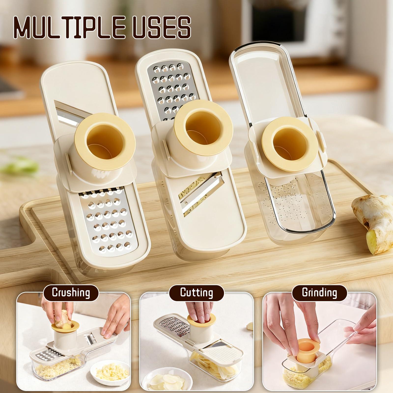 Generic garlic slicer with transparent container helps monitor progress and collects ingredients.