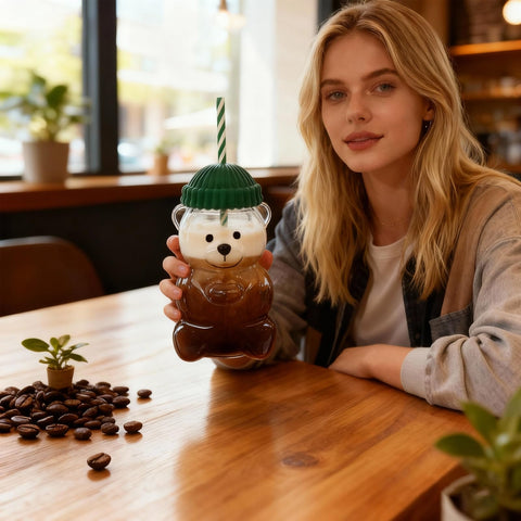 Generic Glass Bear Cup with lid makes iced coffee or tea easy.