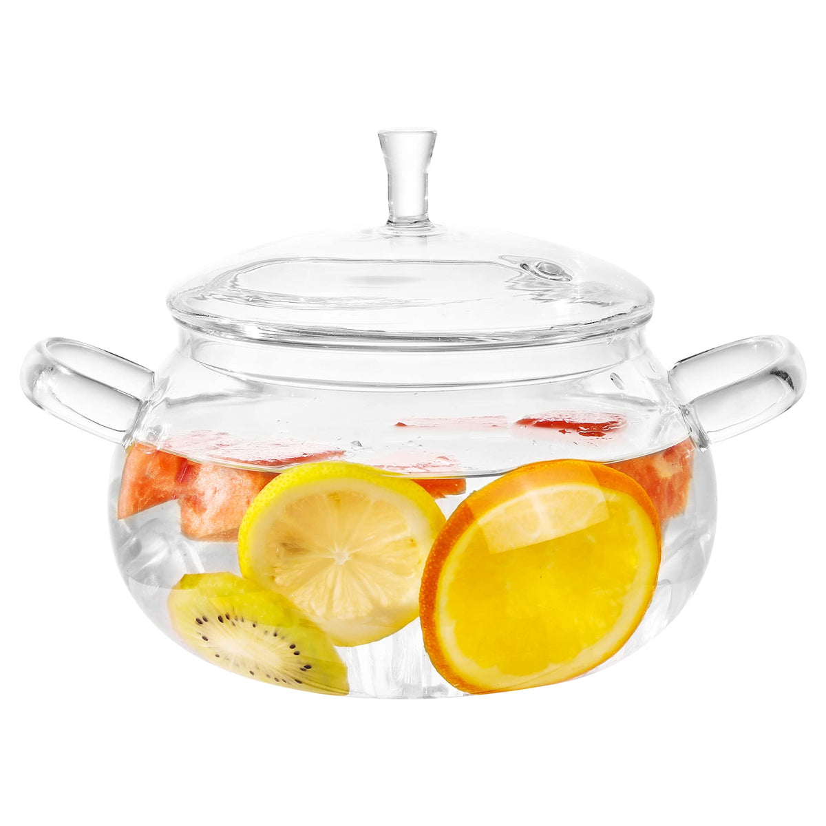 Generic glass cooking pot with lid on stove for even heating of soups.