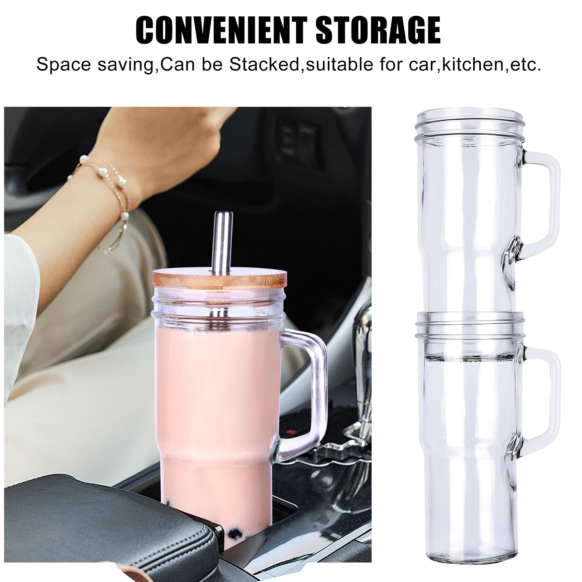Generic glass cups with handle for easy one-handed transport.