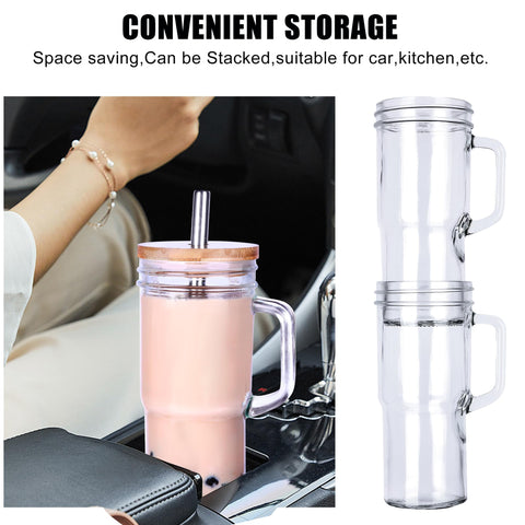 Generic glass cups with handle for easy one-handed transport.