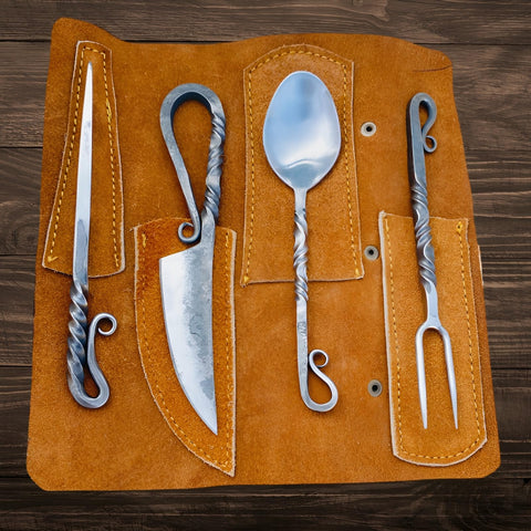 Generic Hand Forged Black Silverware Set with Leather Cover in full set for medieval dining and cosplay