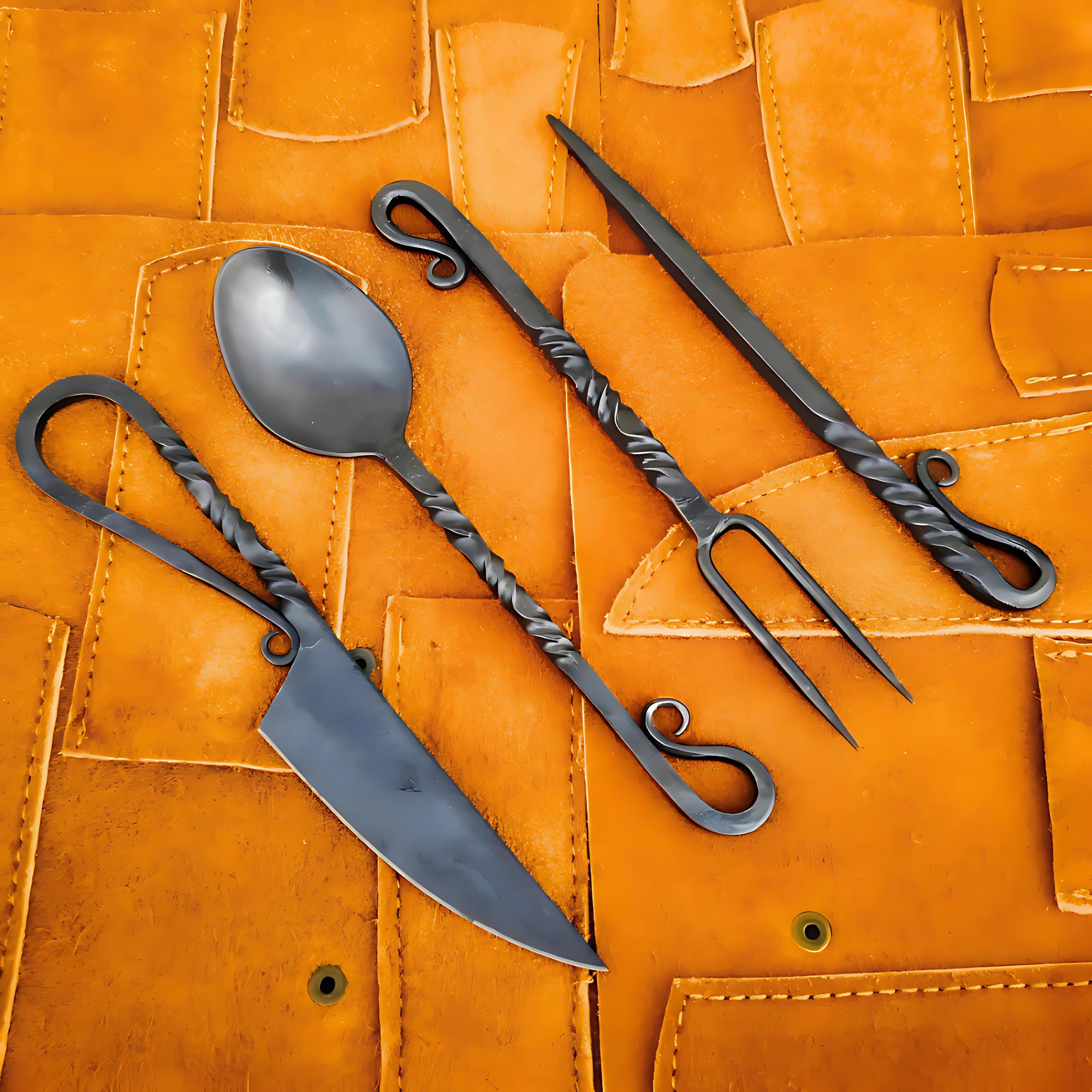 Generic hand-forged medieval cutlery set front view, durable outdoor dining option.