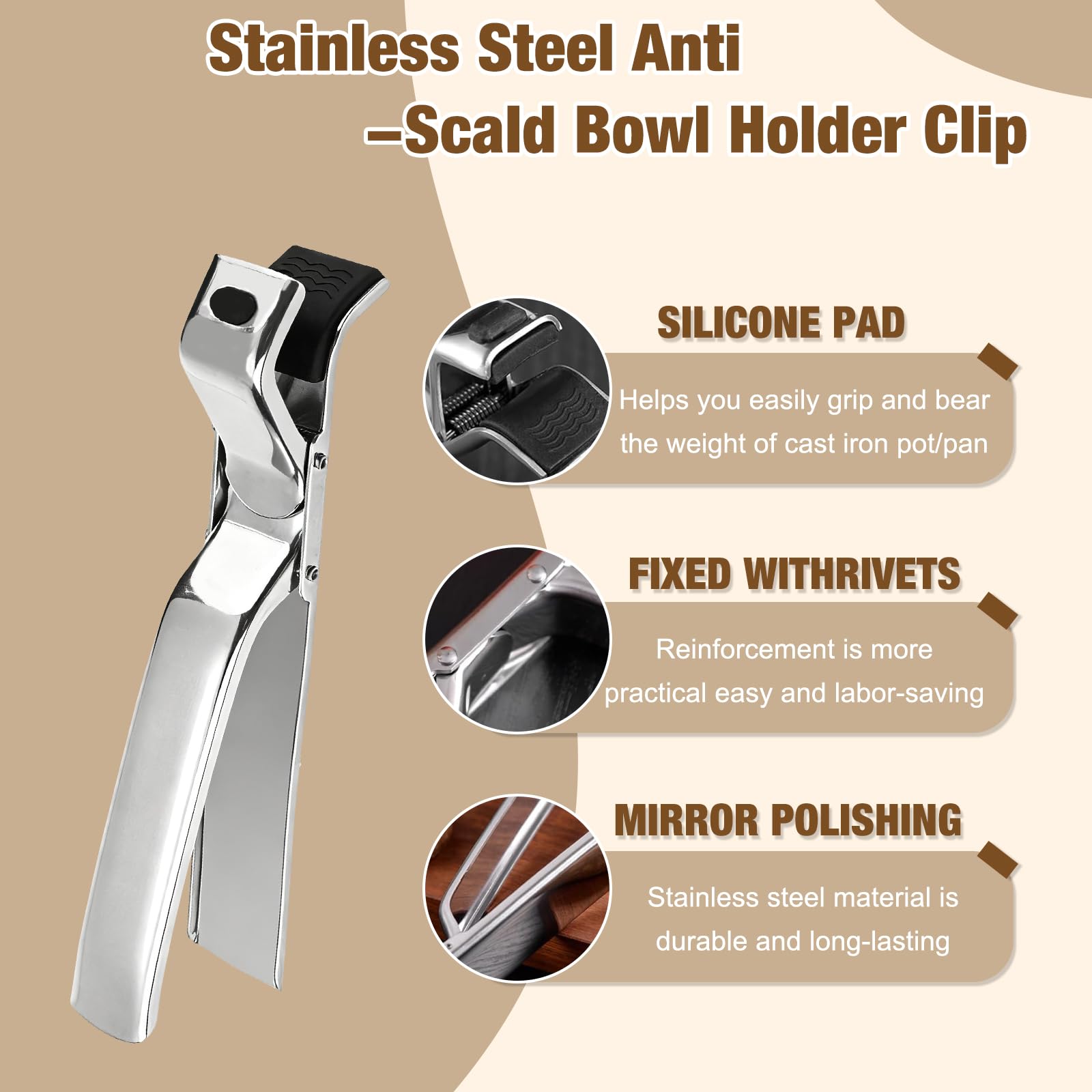 Generic hot plate gripper is built from rust-resistant stainless steel for daily use.