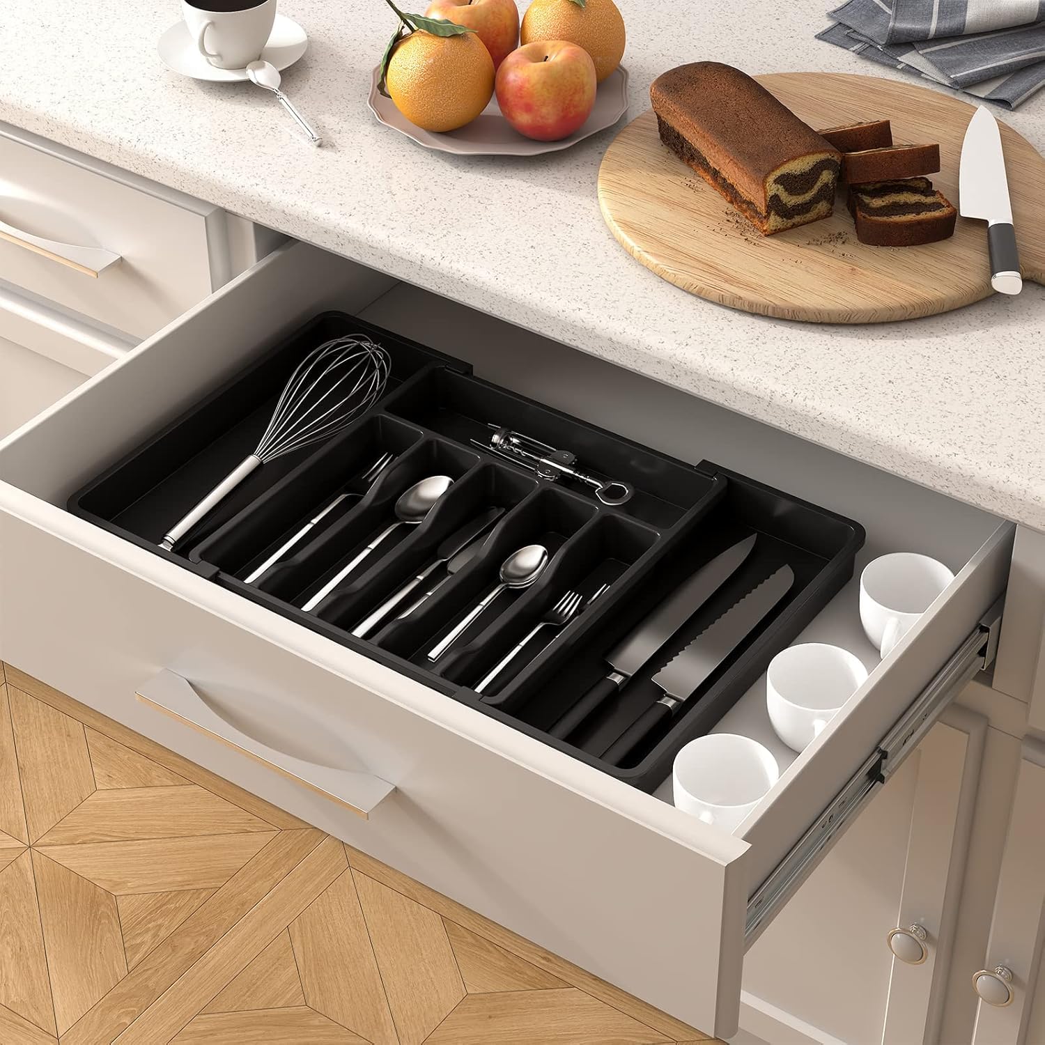 Generic JB large silverware drawer organizer full extended shows maximum capacity