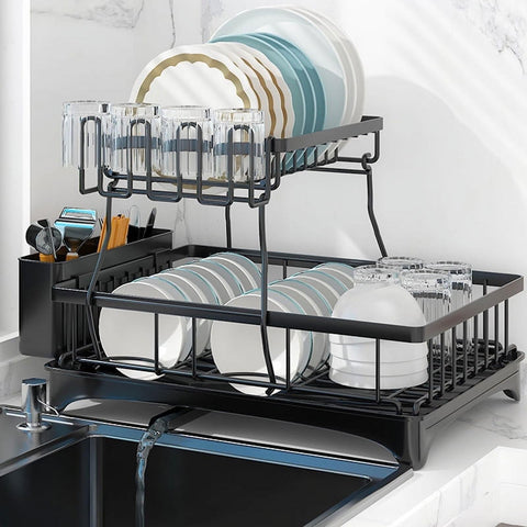 Generic Large Dish Drying Rack bottom tier holds plates and bowls efficiently.