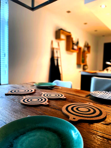 Generic magnet cork trivet ears design with hang hole.