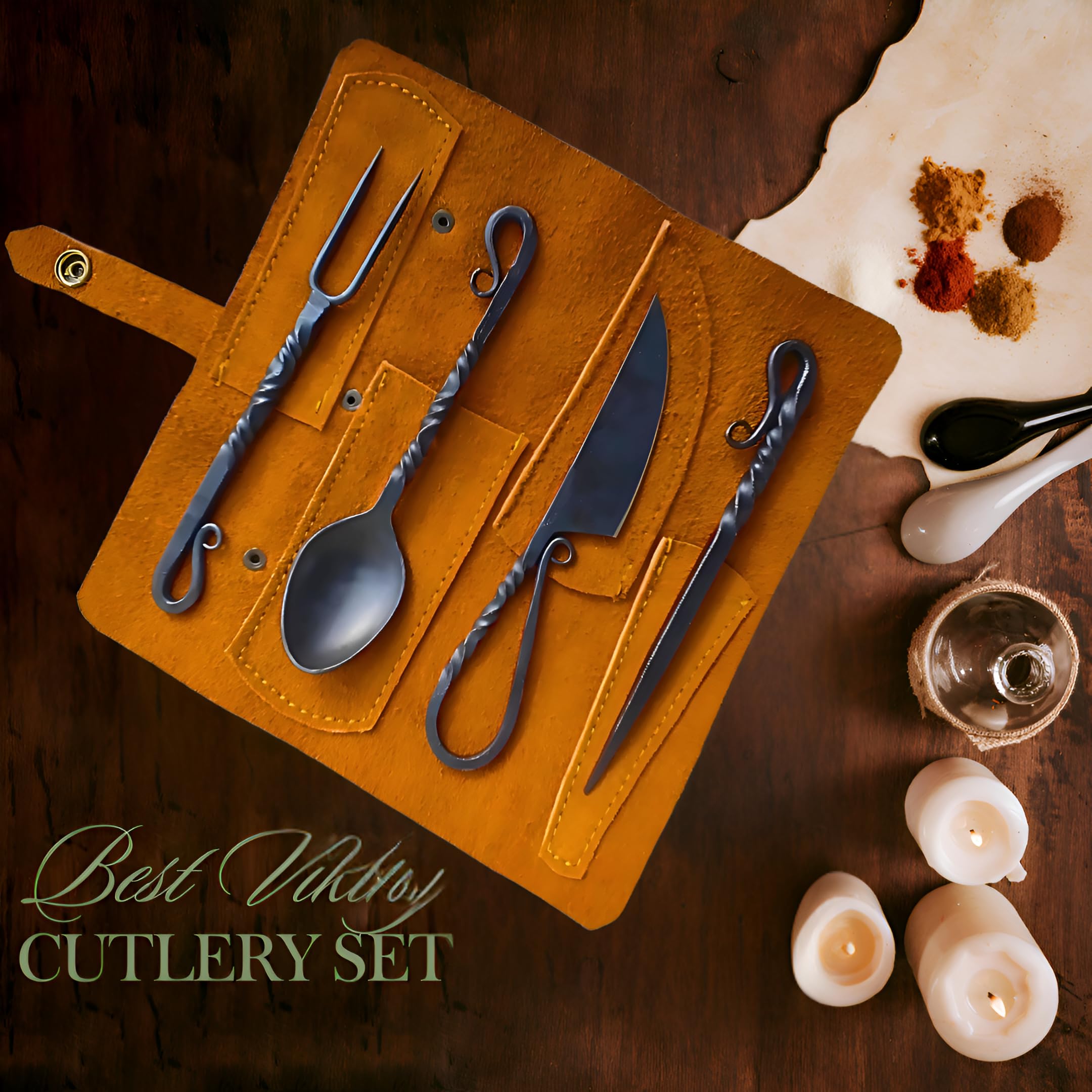Generic medieval silverware close-up, carbon steel durability and craft.
