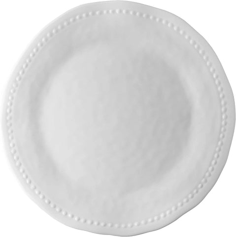 Generic melamine dinner plate in white with hammered pattern for everyday meals