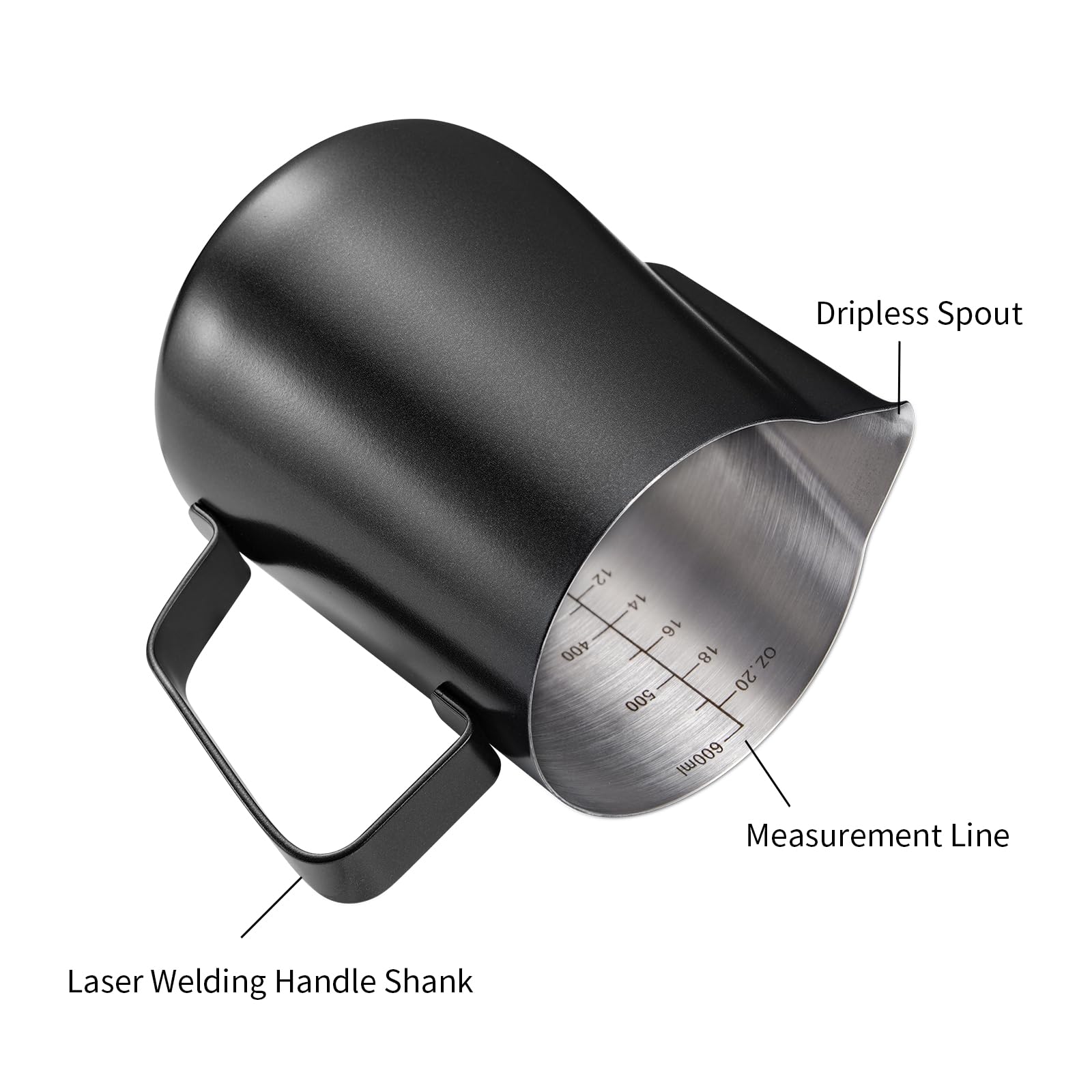 Generic 12oz matte black pitcher with ergonomic handle for easy grip.