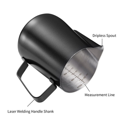 Generic 12oz matte black pitcher with ergonomic handle for easy grip.