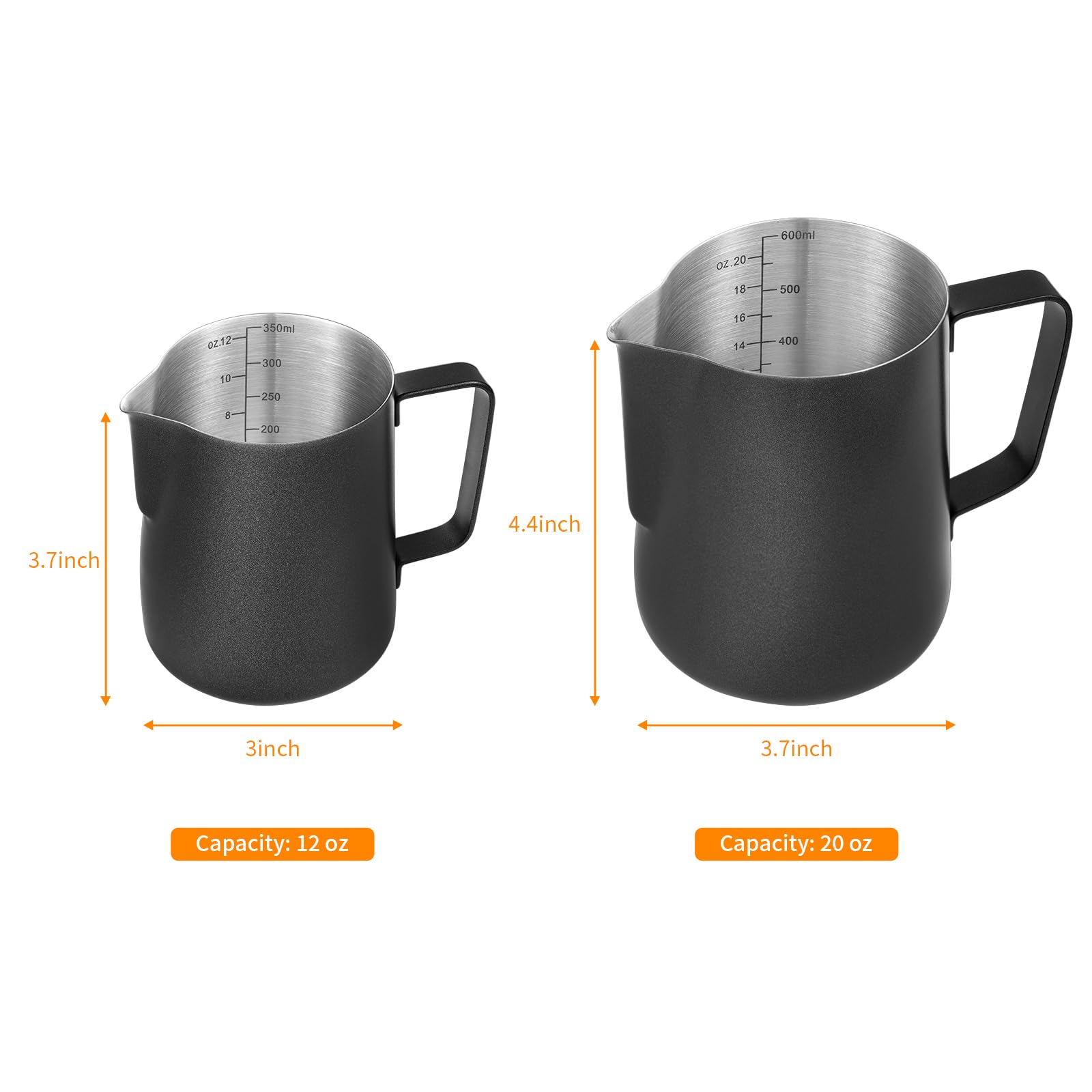 Generic 12oz frothing pitcher shows inner scale for portion control.