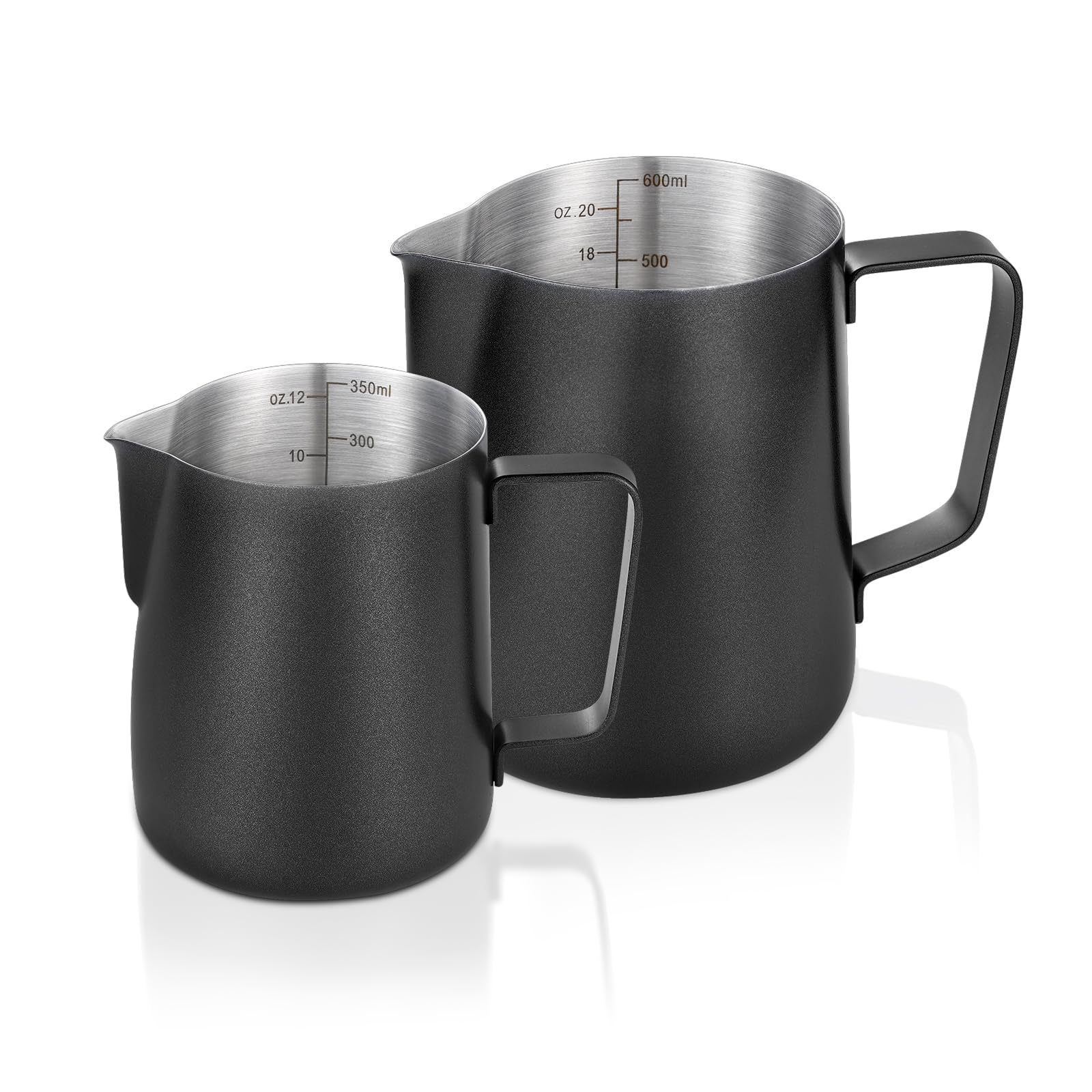 Generic milk frothing pitcher 12oz with narrow pour spout for latte art.
